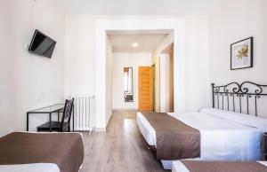 a hotel room with two beds and a television at Hostal El Pilar in Madrid
