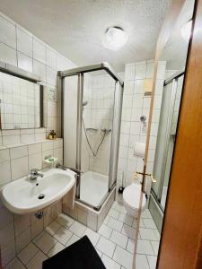 a bathroom with a shower and a sink and a toilet at Gästehaus Huber - Hotel Garni in Bad Füssing +78 photos
