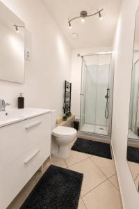 a white bathroom with a toilet and a shower at STUDIO Confort Clim 20min Orly-45min Paris Disney in Corbeil-Essonnes +9 photos