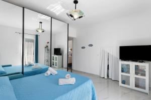 a bedroom with two blue beds and a tv at Casa Rosetta - vicino Bordighera in Vallebona