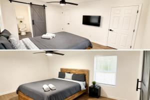 two pictures of a bedroom with a bed and a bathroom at Cozy Contemporary Bungalow in Decatur