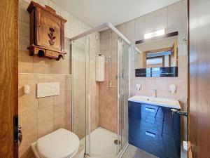 a bathroom with a shower and a toilet and a sink at Tayannes 222 in Verbier +1 photo