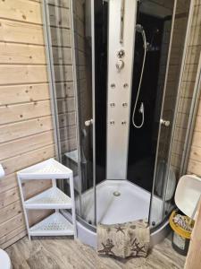 a shower with a glass door and a stool in a bathroom at Domki Letniskowe U Żuni in Chłopy +23 photos