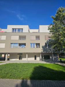 a large building with a green lawn in front of it at Apartmány Koliba in Turčianske Teplice