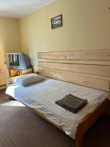 a bedroom with a bed with a wooden headboard and a television at Plai in Dragobrat