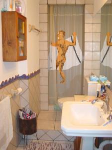 a bathroom with a shower with a man on the shower curtain at Casa Diana in Zaragoza