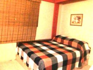 a bed in a room with a plaid blanket on it at Romervic vacational apartments in Juangriego