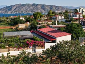 Eine Stadt mit einem Berg im Hintergrund in der Unterkunft Garden Room by the Vineyard Salamis in Aiándion