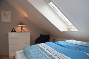 a bedroom with a bed and a skylight at Wichmann, Ursula & Axel in Schönberg