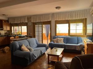 a living room with two blue couches and a table at Casa de los Yayos in Vélez de Benaudalla