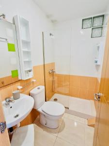 a bathroom with a toilet and a sink and a shower at Los Barqueros Suites Palm in Corralejo