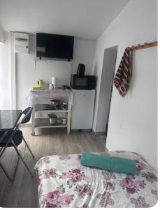 a living room with a table and a refrigerator at Ground-Floor Apartment With private Garden in Étampes +11 photos