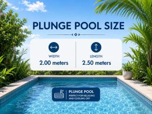 a poolside pool size sign next to a swimming pool with palm trees at Buakhao Villa Pattaya Center 5 bedroom in Pattaya