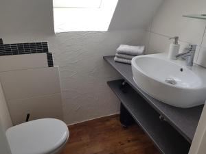 a bathroom with a white sink and a toilet at Ferienhaus Nr. 10 in Buergstadt