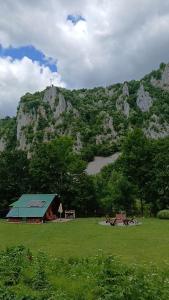 eine Scheune auf einem Feld vor einem Berg in der Unterkunft Max in Bihać