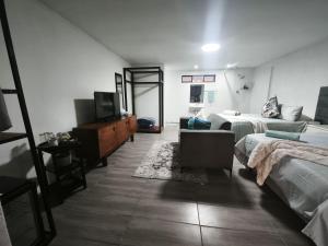 a bedroom with two beds and a tv and a couch at Maphango Farms BnB in Alice