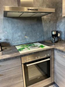 a kitchen counter with a stove and a microwave at Ferienwohnung Liliana in Dannenfels +24 photos