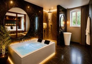 a bathroom with a tub with a mirror and a bedroom at Life VOYAGE Résidence & Spa by Life Renaissance - Place KLEBER in Strasbourg