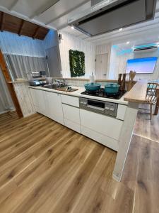 a kitchen with a stove and a counter top at Yumigahama Eaglehouse 2 in Minamiizu