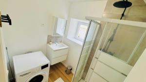 a small bathroom with a sink and a washing machine at Le Tertre du Loing - Forêt de Fontainebleau - Gare in Montigny-sur-Loing