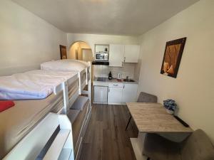 a small room with a bunk bed and a kitchen at Haus zur Eiche Private 1 Zimmerstudios in Chur