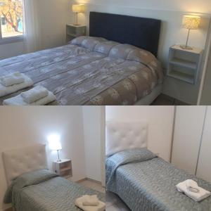 two pictures of a bedroom with a bed with towels on it at Departamento Centro Viedma in Viedma