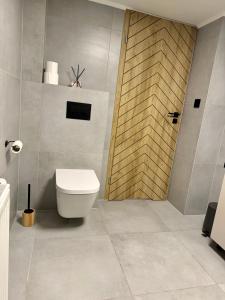 a bathroom with a toilet and a wooden door at Hi Wisła in Wisła
