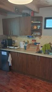 a kitchen with wooden cabinets and a counter top at Domek Letniskowy Ewa in Turawa +5 photos