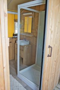 a bathroom with a shower and a sink at Boeren glamping De Ruif De zilverberk in Stoutenburg