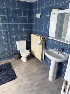a blue tiled bathroom with a toilet and a sink at Petit chambre tous conforts in Charleroi +18 photos