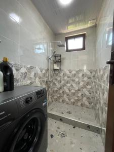 a washing machine in a bathroom with a shower at Aura House in Tsalka