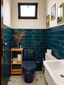 a blue bathroom with a toilet and a sink at Aura House in Tsalka +8 photos