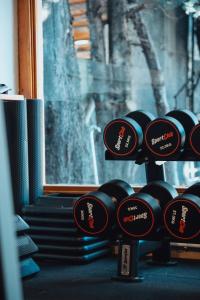 a bunch of dumbbells on a rack in a gym at Complejo Base 41 in San Carlos de Bariloche