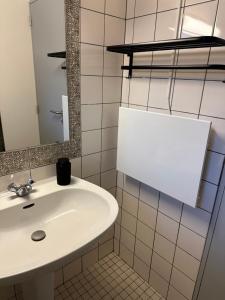 a white bathroom with a sink and a mirror at Le Papillon in Hotton +15 photos