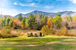 two picnic tables in a field with mountains in the background at Mountain Home, Views, Near Whiteface, Lake Placid in Wilmington