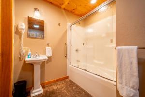 a bathroom with a shower and a sink at Adirondack Retreat Near Whiteface and Lake Placid in Wilmington +42 photos