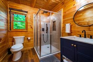 a bathroom with a shower and a toilet and a sink at Luxury ADK Retreat Near Whiteface, Lake Placid in Jay