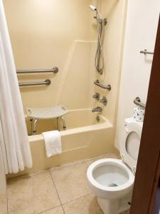 a bathroom with a toilet and a bath tub next to at Sunrise Inn - Bradenton in Bradenton