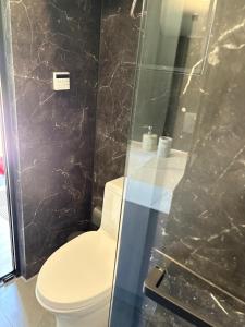 a bathroom with a toilet and a glass shower at Capsule house for rent at Gut Holtmann in Billerbeck