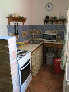 a kitchen with a white stove and a microwave at Bundi Vendégház in Kehidakustány