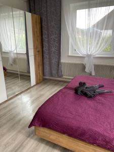 a bedroom with a purple bed and a window at Haus Lisa in Kroisbach