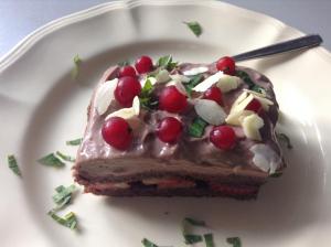 a piece of cake with chocolate and cherries on a plate at Château D'Alteville in Tarquimpol