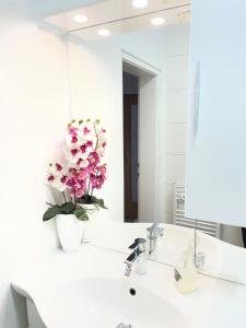 a bathroom with a white sink and a mirror at Haus Lisa in Kroisbach +25 photos
