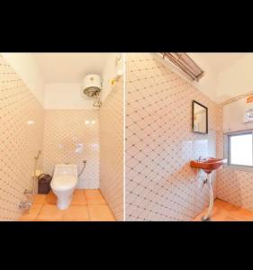 two pictures of a bathroom with a toilet and a sink at Hanuman Ghat Boutique Stays by Cafe Helsinki in Udaipur