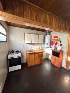 a kitchen with wooden cabinets and a stove top oven at Magnolia Tempo in Esquel