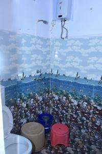 a bathroom with a wall with birds flying in the sky at Shukla home stay in Jabalpur