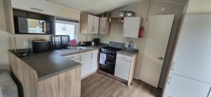 a small kitchen with white cabinets and a black appliance at Heatherview Willerby in Bishop Auckland