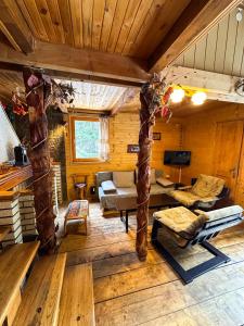 a living room in a log cabin with wooden ceilings at VILA PAVLOVIC in Kopaonik +25 photos