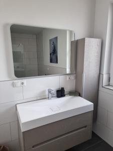 a bathroom with a white sink and a mirror at Apartment Affengrün in Weyhausen +5 photos
