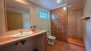 a bathroom with a sink and a toilet and a mirror at Mvubu Falls Lodge in Lobamba